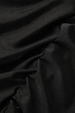 Black Casual Solid Fold Off the Shoulder Short Sleeve Dress