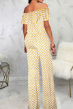 Colour Casual Print Patchwork Flounce Off the Shoulder Straight Jumpsuits