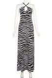 Black Sexy Casual Print Bandage Backless Spaghetti Strap Long Dress Dresses