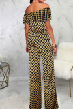 Colour Casual Print Patchwork Flounce Off the Shoulder Straight Jumpsuits