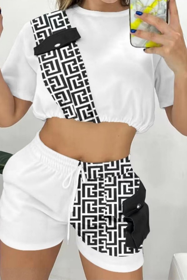 White Casual Print Patchwork O Neck Short Sleeve Two Pieces