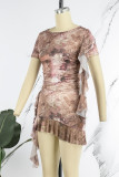 Khaki Sexy Print Patchwork Flounce O Neck Short Sleeve Two Pieces