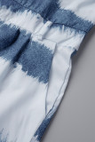 Light Blue Casual Street Striped Print Bandage Patchwork Buckle Turndown Collar Regular Rompers