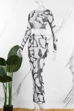 Red Sexy Print Patchwork See-through O Neck Long Sleeve Two Pieces