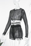 Black Sexy Solid Bandage Patchwork See-through Hot Drill Long Sleeve Two Pieces