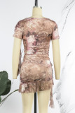 Khaki Sexy Print Patchwork Flounce O Neck Short Sleeve Two Pieces