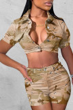 Army Green Sexy Casual Street Solid Camouflage Print Pocket Buttons Turndown Collar Two Pieces