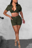 Army Green Sexy Casual Street Solid Camouflage Print Pocket Buttons Turndown Collar Two Pieces