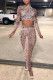 Brown Sexy Print Patchwork See-through O Neck Long Sleeve Two Pieces