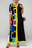 Black Casual Geometric Print Patchwork Buckle Slit Mandarin Collar Shirt Dress Dresses