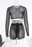 Black Sexy Solid Bandage Patchwork See-through Hot Drill Long Sleeve Two Pieces