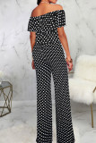 Colour Casual Print Patchwork Flounce Off the Shoulder Straight Jumpsuits