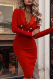 Red Sexy Work Elegant Solid Buckle V Neck Wrapped Skirt Dresses