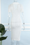 White Sexy Casual Solid Basic V Neck Short Sleeve Dress
