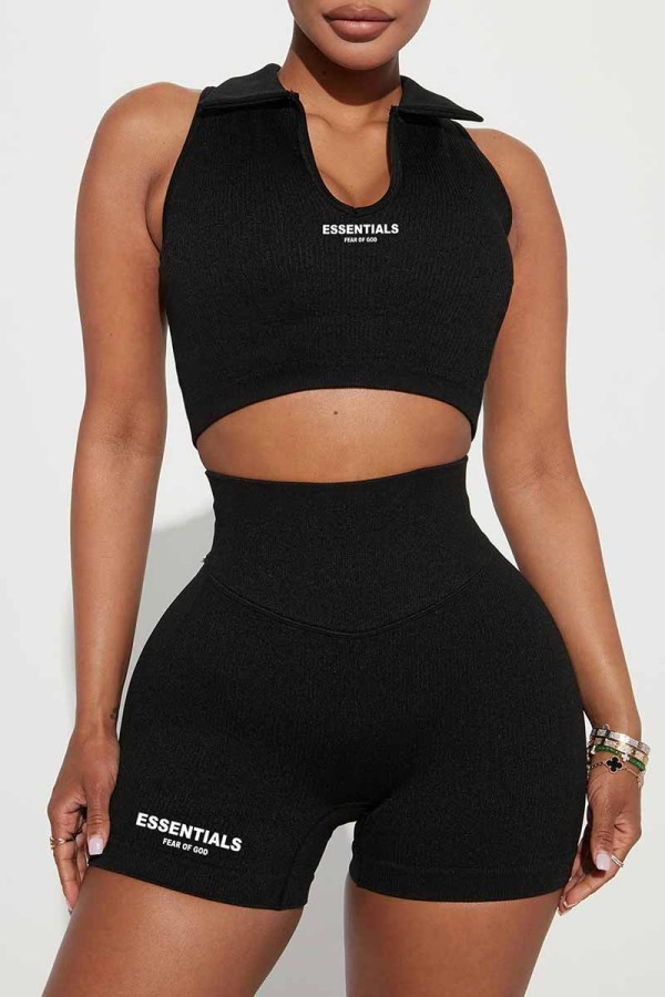 Black Street Print Letter U Neck Sleeveless Two Pieces