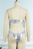 Silver Sexy Patchwork Tassel Sequins Backless Swimwears (Without Paddings)