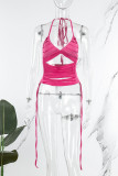 Rose Red Sexy Solid Hollowed Out Patchwork Halter Tops