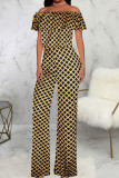Colour Casual Print Patchwork Flounce Off the Shoulder Straight Jumpsuits