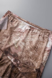 Khaki Sexy Print Patchwork Flounce O Neck Short Sleeve Two Pieces