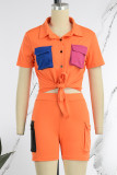 Orange Casual Solid Patchwork Contrast Shirt Collar Short Sleeve Two Pieces
