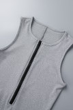 Grey Casual Solid Patchwork Zipper Collar Skinny Romper
