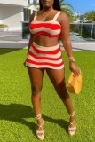 Red Sexy Casual Striped Print Backless Spaghetti Strap Sleeveless Two Pieces