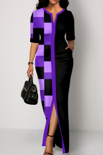 Purple Casual Plaid Print Patchwork V Neck Straight Dresses