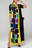 Black Casual Geometric Print Patchwork Buckle Slit Mandarin Collar Shirt Dress Dresses