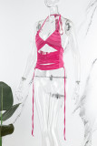 Rose Red Sexy Solid Hollowed Out Patchwork Halter Tops