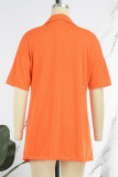 Tangerine Red Sexy Street Solid Patchwork Turndown Collar Half Sleeve Two Pieces