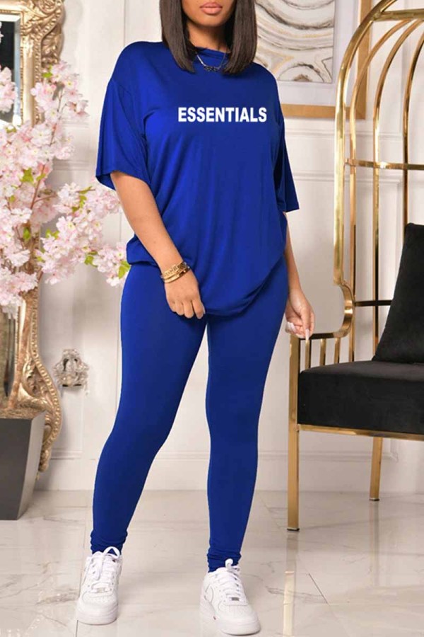 Blue Casual Print Letter O Neck Short Sleeve Two Pieces