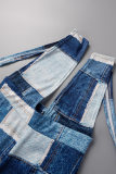 Blue Sexy Plaid Print Patchwork Backless Halter Straight Jumpsuits