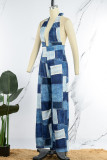 Blue Sexy Plaid Print Patchwork Backless Halter Straight Jumpsuits