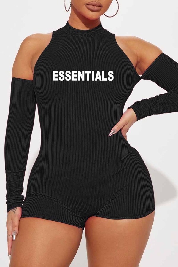 Black Street Print Letter O Neck Rompers