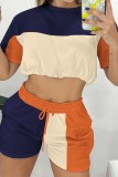 Orange Casual Print Patchwork O Neck Short Sleeve Two Pieces