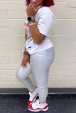 White Casual Daily Print Patchwork O Neck T-Shirts