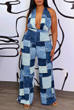 Blue Sexy Plaid Print Patchwork Backless Halter Straight Jumpsuits