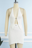 White Sexy Solid Backless Halter Sleeveless Two Pieces