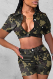 Black Sexy Casual Street Solid Camouflage Print Pocket Buttons Turndown Collar Two Pieces