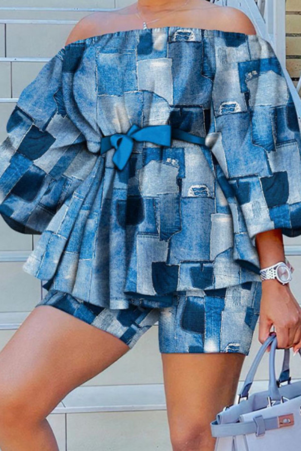 The cowboy blue Casual Elegant Print Patchwork Off the Shoulder Three Quarter Two Pieces