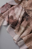 Khaki Sexy Print Patchwork Flounce O Neck Short Sleeve Two Pieces