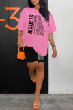 Pink Casual Letter Print Basic O Neck Short Sleeve Two Pieces