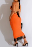 Black Sexy Solid Tassel Bandage Backless Halter Sleeveless Two Pieces
