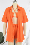 Tangerine Red Sexy Street Solid Patchwork Turndown Collar Half Sleeve Two Pieces
