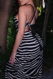 Black Sexy Casual Print Bandage Backless Spaghetti Strap Long Dress Dresses