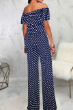 Colour Casual Print Patchwork Flounce Off the Shoulder Straight Jumpsuits