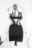 Colour Sexy Solid Patchwork Flounce Halter Pencil Skirt Dresses