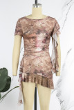 Khaki Sexy Print Patchwork Flounce O Neck Short Sleeve Two Pieces