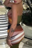 Brown Sexy Print Backless Strapless Sleeveless Two Pieces