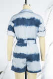 Light Blue Casual Street Striped Print Bandage Patchwork Buckle Turndown Collar Regular Rompers